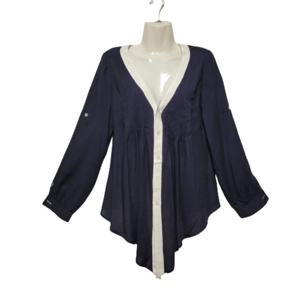 𝅺dark Blue Long Sleeve Cotton Blouse Top with White Trim Various Size S - Picture 1 of 8